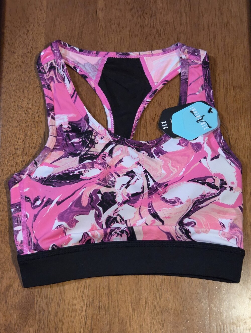 LuLaRoe Rise Invincible Pink Marble Racerback Sports Bra with Black Band New